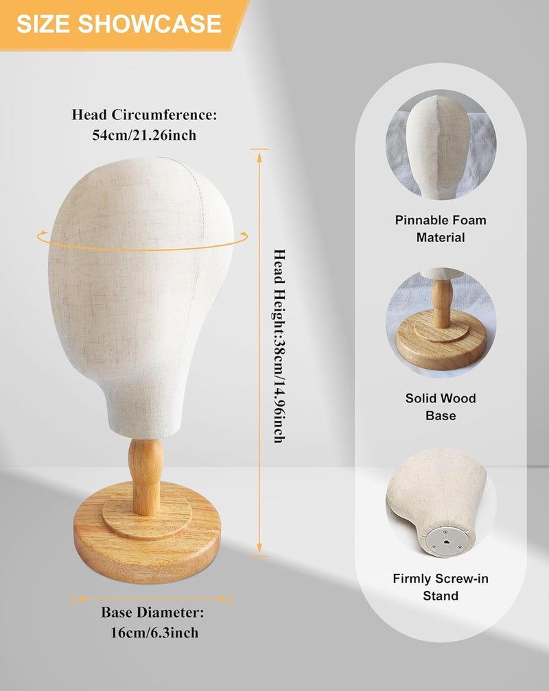 CHADWICK Canvas Wig Head Stand with Detachable Wood Stand - Great for Hats, Caps Display and Wig Making, 21Inch Mannequin Head Block, Dome Model Head, Helmet Jewelry Glasses Headband Display - Image 4